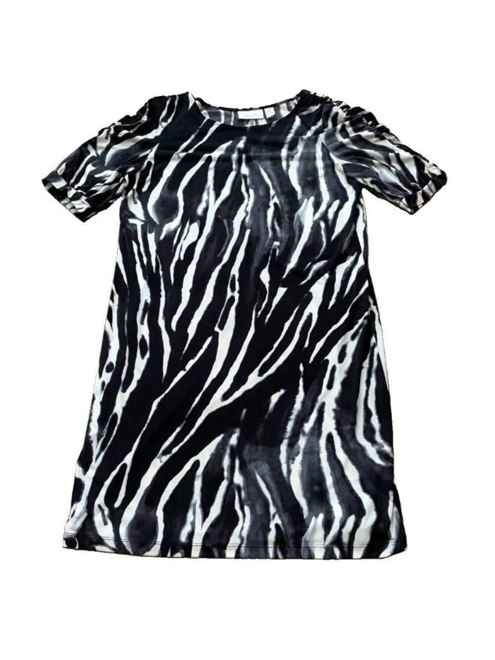 Chico’s Size 12 Black Gray Abstract Zebra Ruched Sleeves Knit Shift Dress